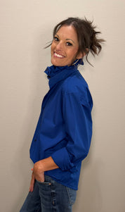 Blue Ruffle Collar Button Down Top