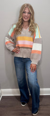 Multi Color Stripe Ribbed Sweater w/ V Neck