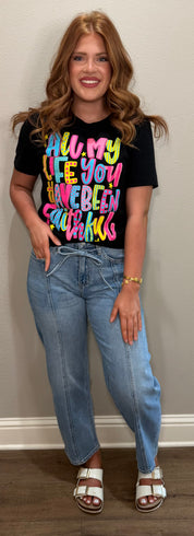 High Rise Tie Waist Cropped Wide Leg Barrel Jean