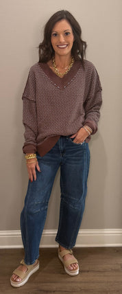Chocolate Contrast Stitch V-Neck Sweater