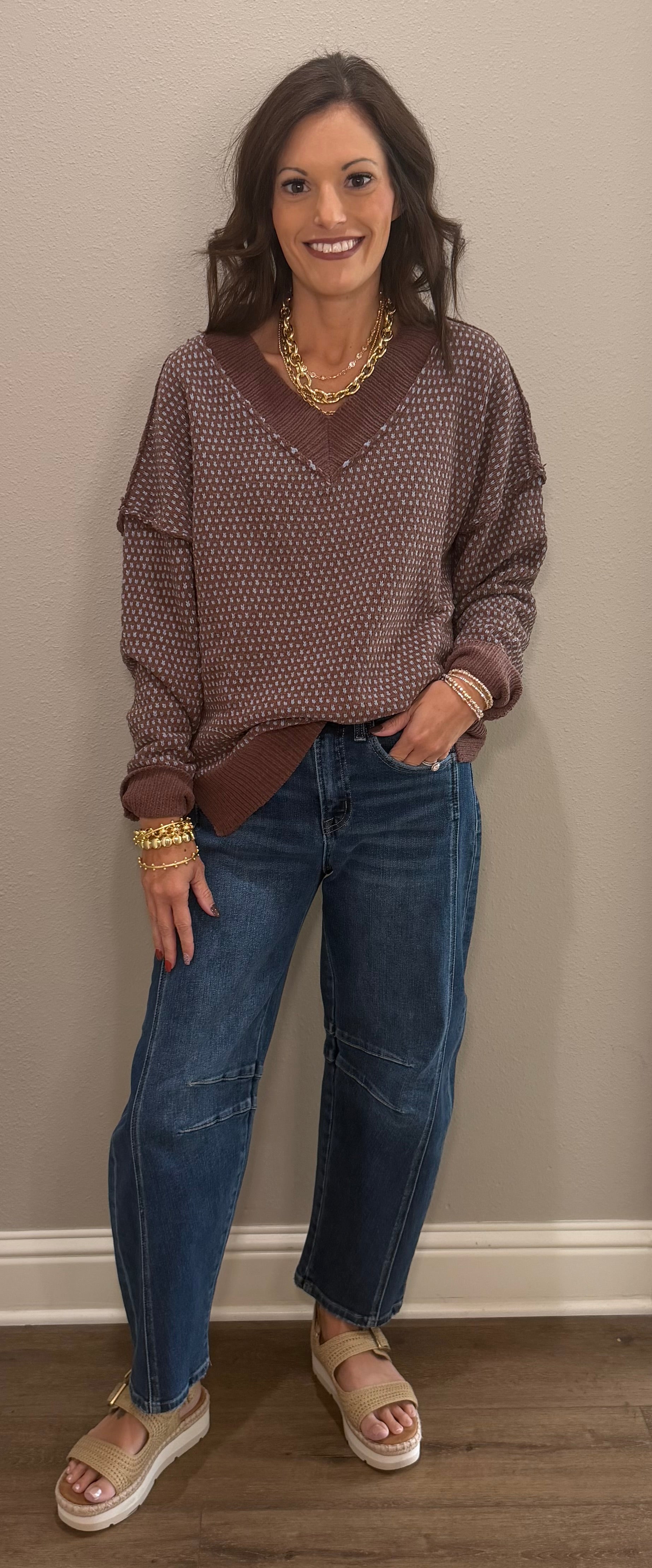 Chocolate Contrast Stitch V-Neck Sweater