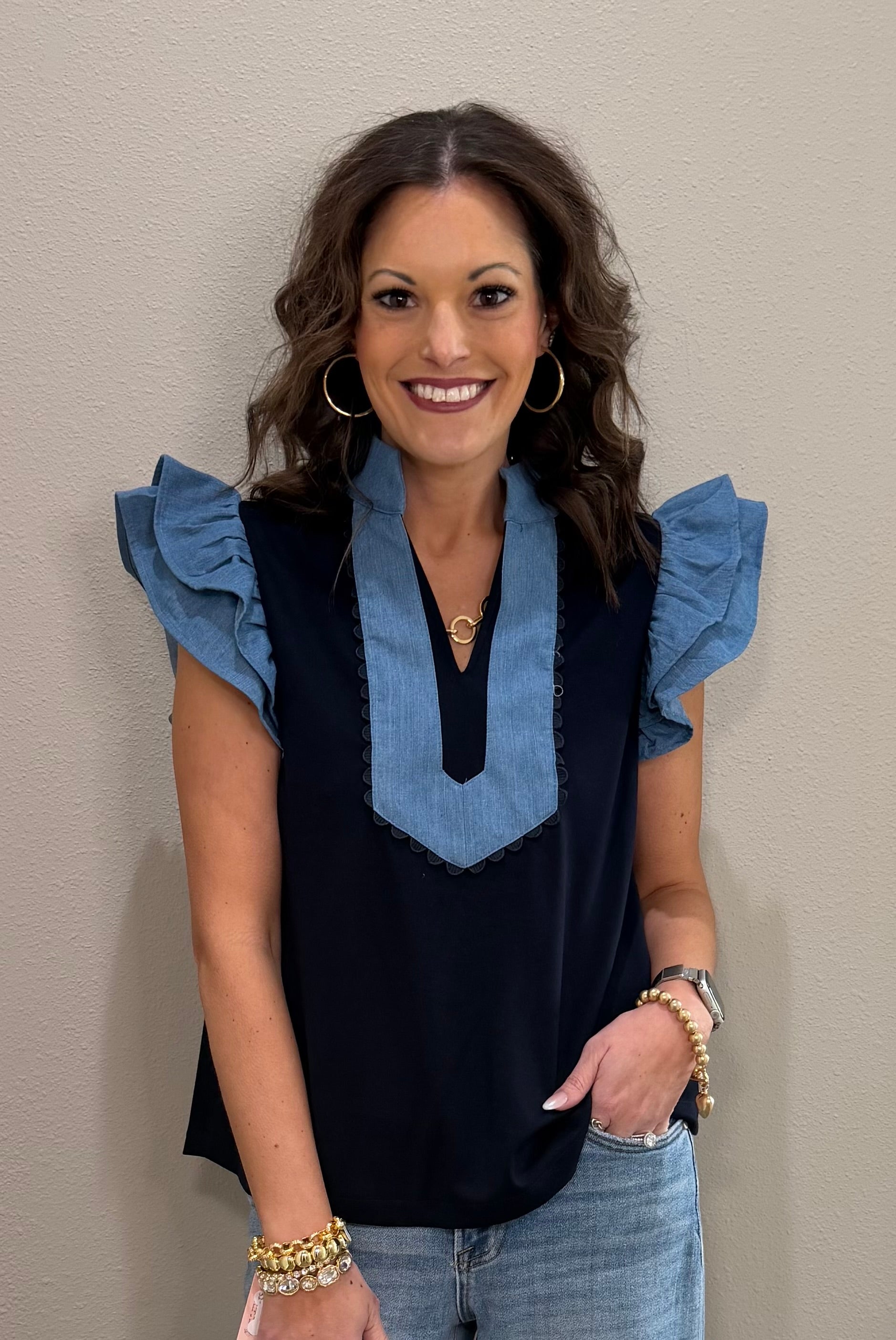 Navy/Denim Contrast Ruffle Sleeve Top
