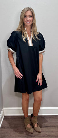 Black Puff Sleeve Dress w/ Mocha & White Stripe Accents