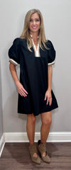 Black Puff Sleeve Dress w/ Mocha & White Stripe Accents