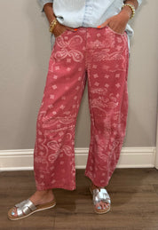 Dusty Rose Bandana Printed Barrel Jeans