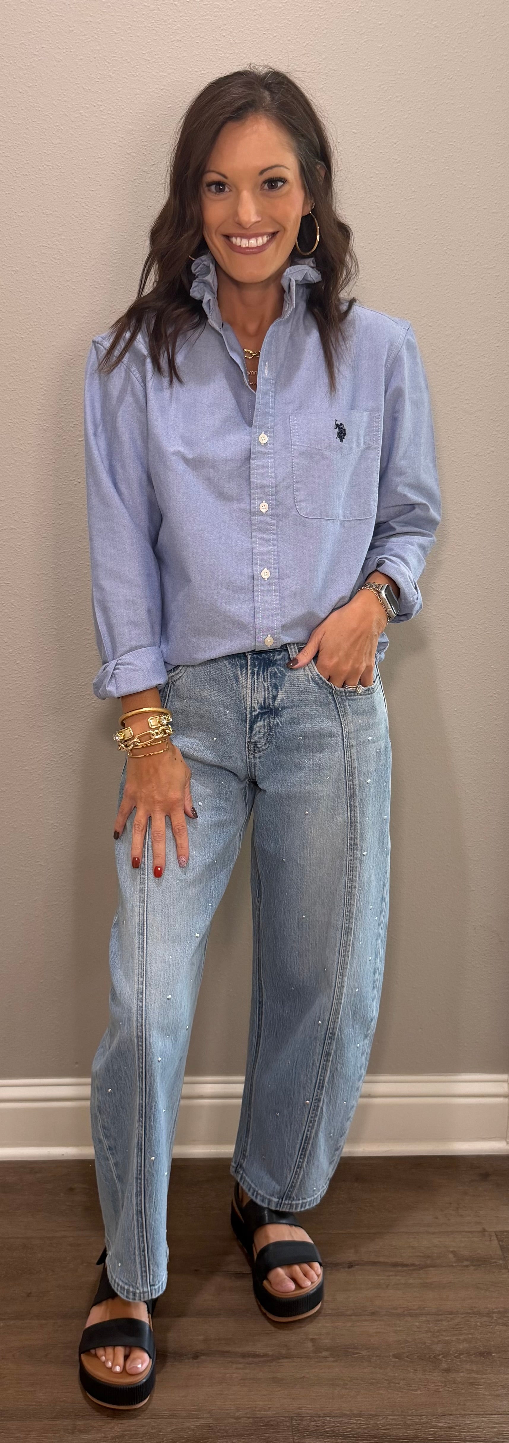 Denim Blue Oxford POLO Ruffle Collar Button Down Top