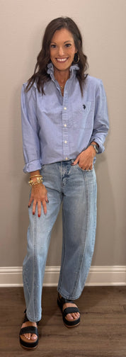 Denim Blue Oxford POLO Ruffle Collar Button Down Top