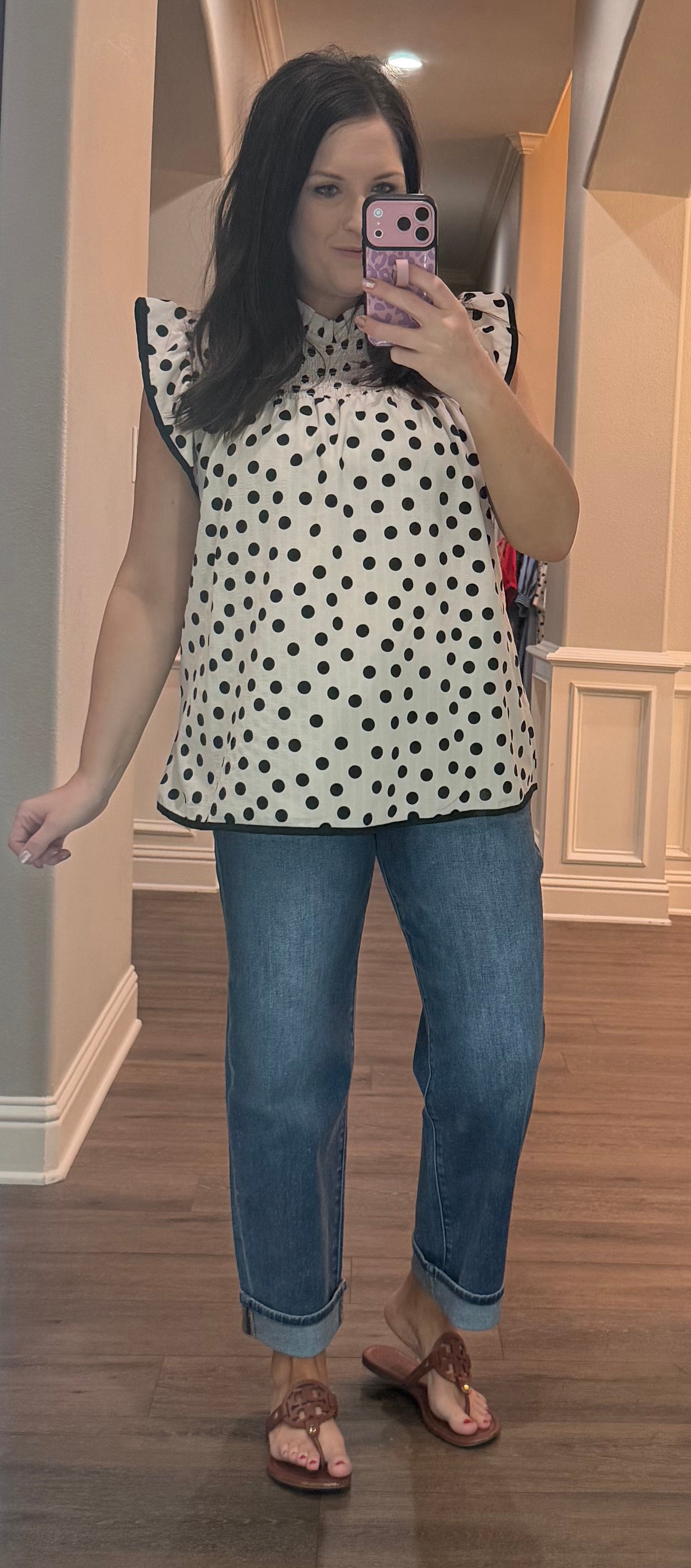 Cream & Black Polka Dotted Smock Ruffle Tank Top