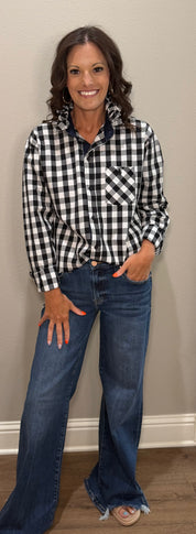 Black & White Checkered Ruffle Collar POLO Button Down Top