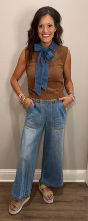 Whipstitch Pocket Cropped Denim Pants