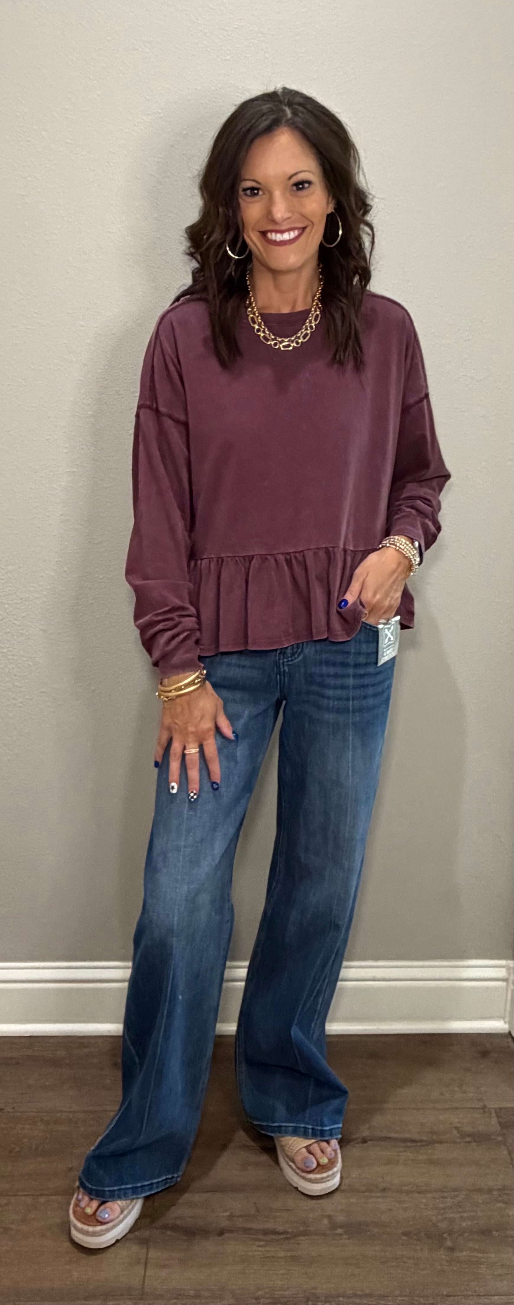 Dark Cherry Peplum Long Sleeve Top