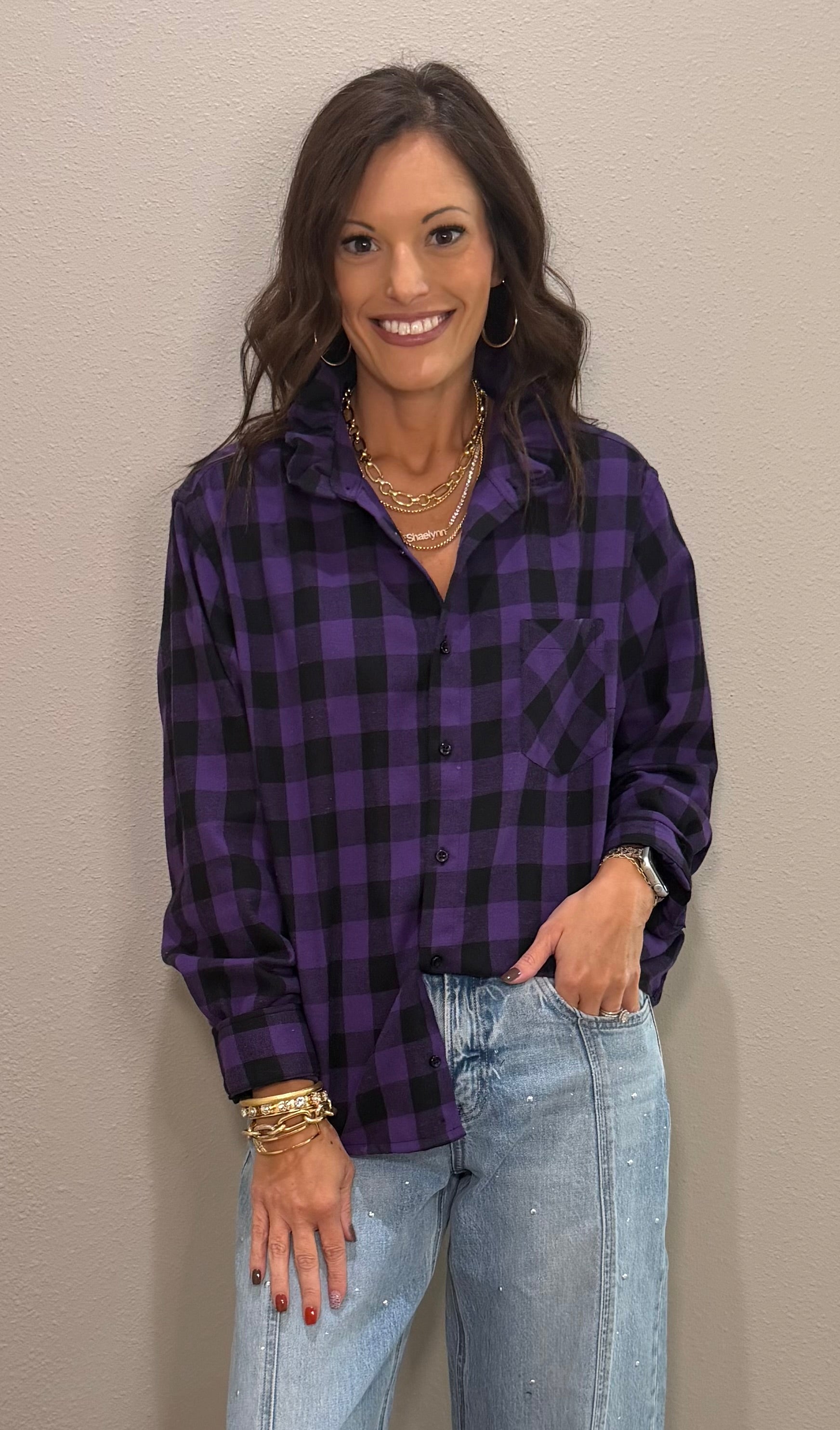Purple/Black Plaid Ruffle Collar Button Down Top