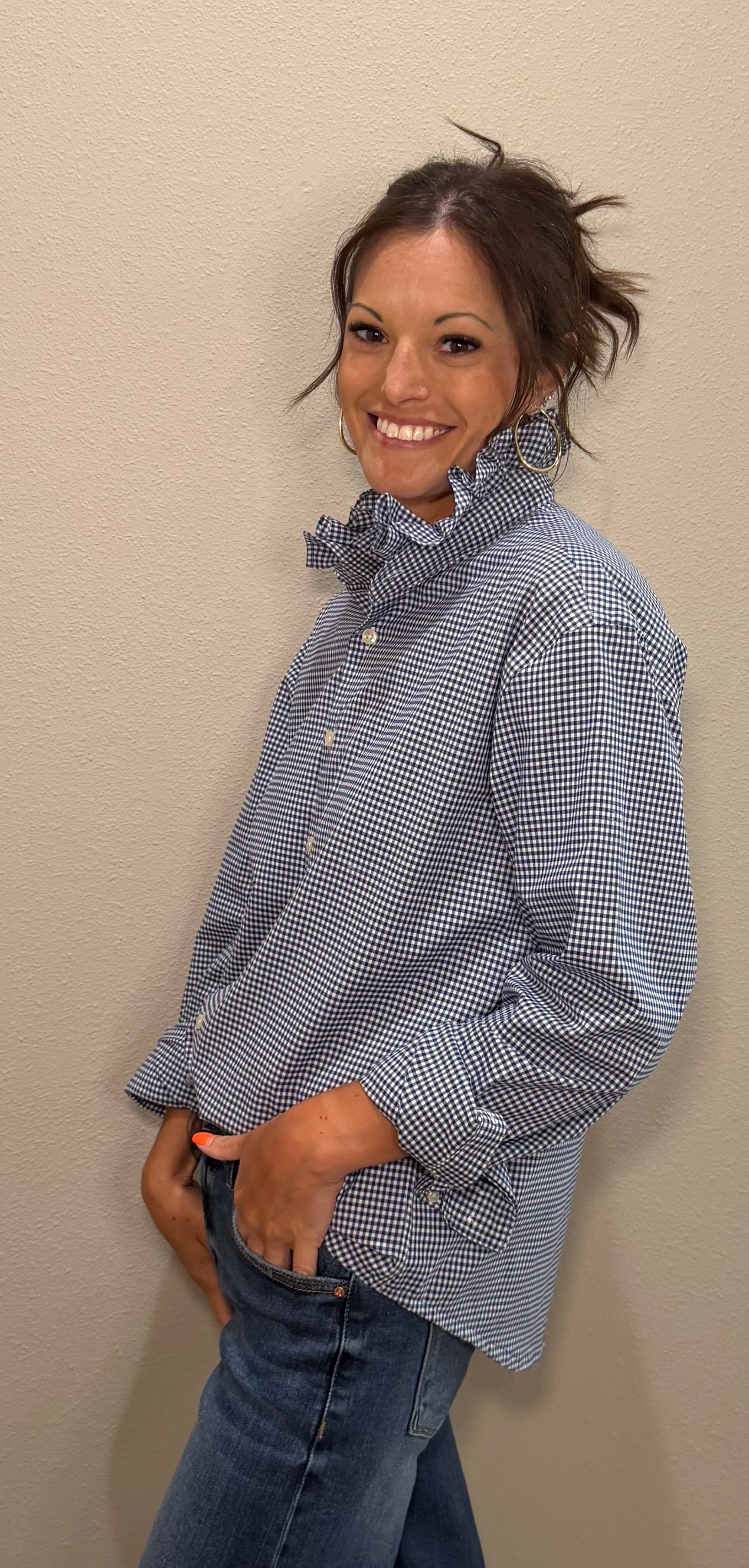 Navy & White Checkered Ruffle Collar Button Down Top