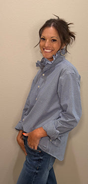 Navy & White Checkered Ruffle Collar Button Down Top