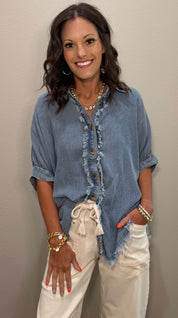 Frayed Trim Denim Button Top