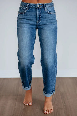 Risen Mid Rise Ankle Boyfriend Cuffed Jeans - Dark Wash