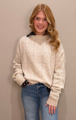 Oversized OATMEAL Windowpane Patterned Two Tone Sweater