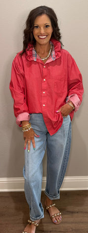Solid Red Ruffle Collar Button Down with White Accents