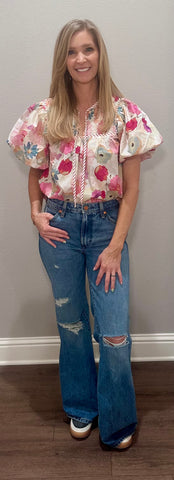 Berry Floral Puff Sleeve Top
