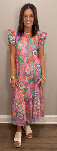 Smocked Shoulder Floral Midi Dress