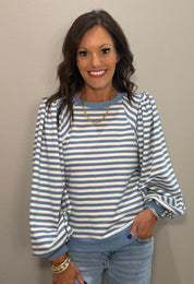 Blue Striped Long Sleeve Puff Shoulder Top