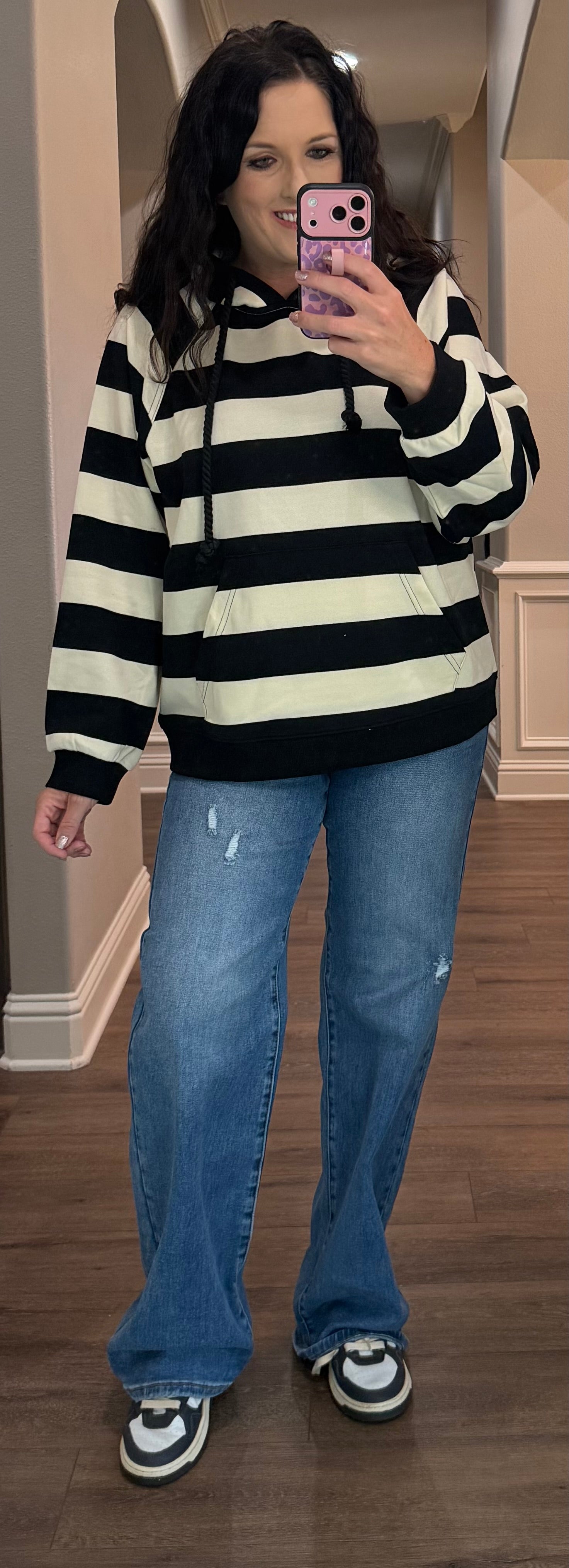 Black & Cream Stripe Hooded Pullover