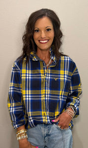 Navy/Yellow/Blue/White Big Plaid Ruffle Collar Shirt