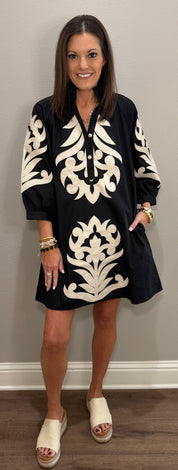 Black Baroque Floral Applique Dress