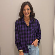 Purple/Black Plaid Ruffle Collar Button Down Top
