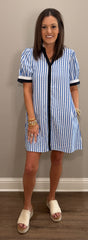 Blue & White Button Down Striped Shift Dress
