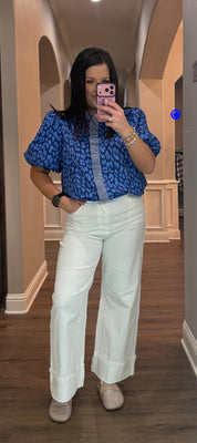 Blue Leopard Button Down w/ Gingham Ruffle Details & Puff Sleeves