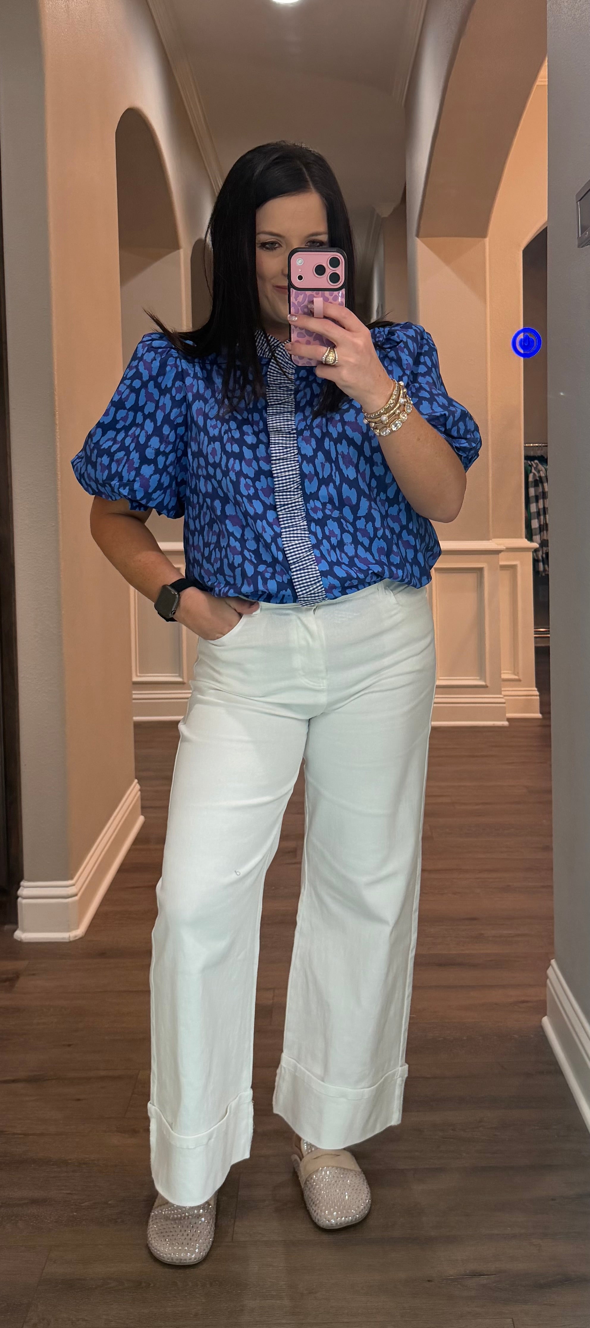 Blue Leopard Button Down w/ Gingham Ruffle Details & Puff Sleeves