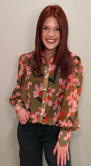 Dot Flower Puff Sleeve Floral Blouse