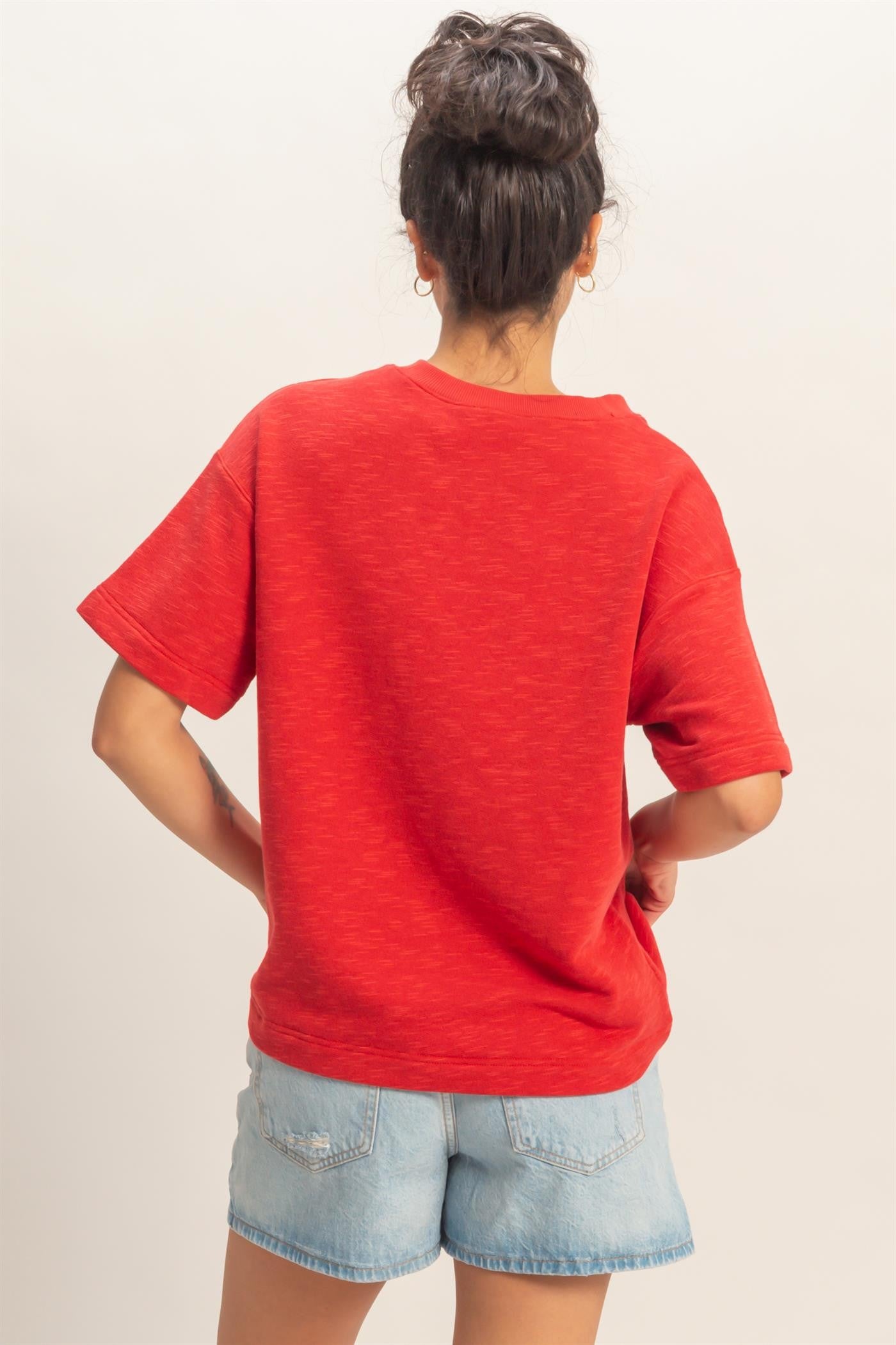 Basic Crew Neck Knit Short Sleeve Top - 2 COLORS - Red & Blue