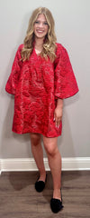 3/4 Puff Sleeves Floral Jacquard Dress w/ Ruffled Neckline
