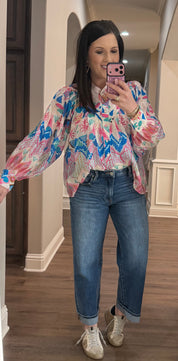 Ocean Pop Floral Printed Bubble Sleeve Blouse