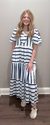 Navy & White Bubble Sleeve Midi Dress