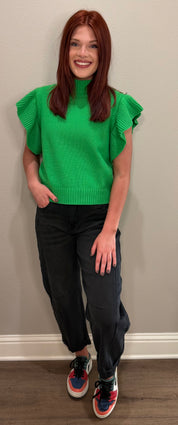 Kelly Green Ruffle Sleeve Sweater Top