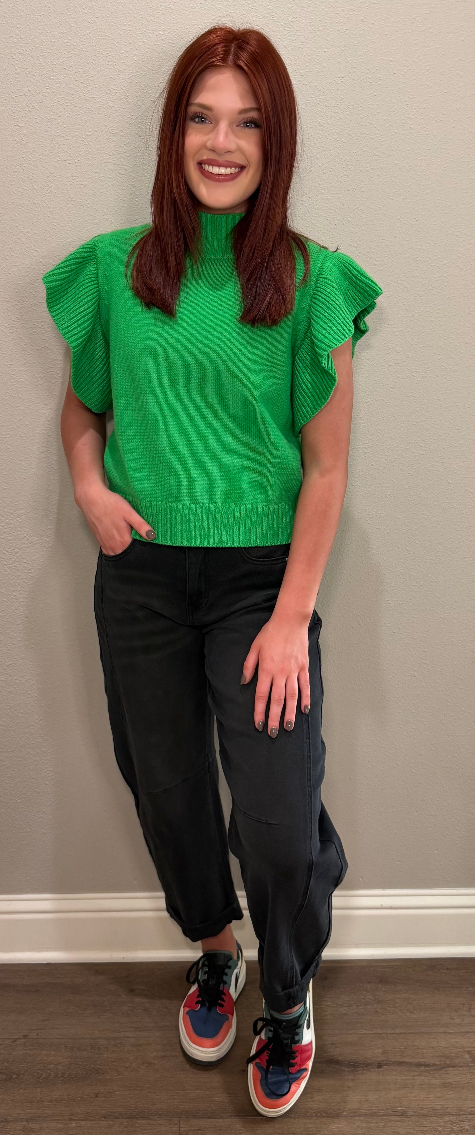 Kelly Green Ruffle Sleeve Sweater Top