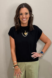 Black Viscose Knit Cap Sleeve Top