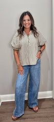 Olive Striped Half Zip Top w/ Puff Sleeves & Thick Collar/Sleeve Band