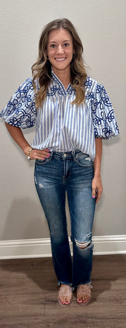 Blue Puff Sleeve Embroidered Stripe Top by THML