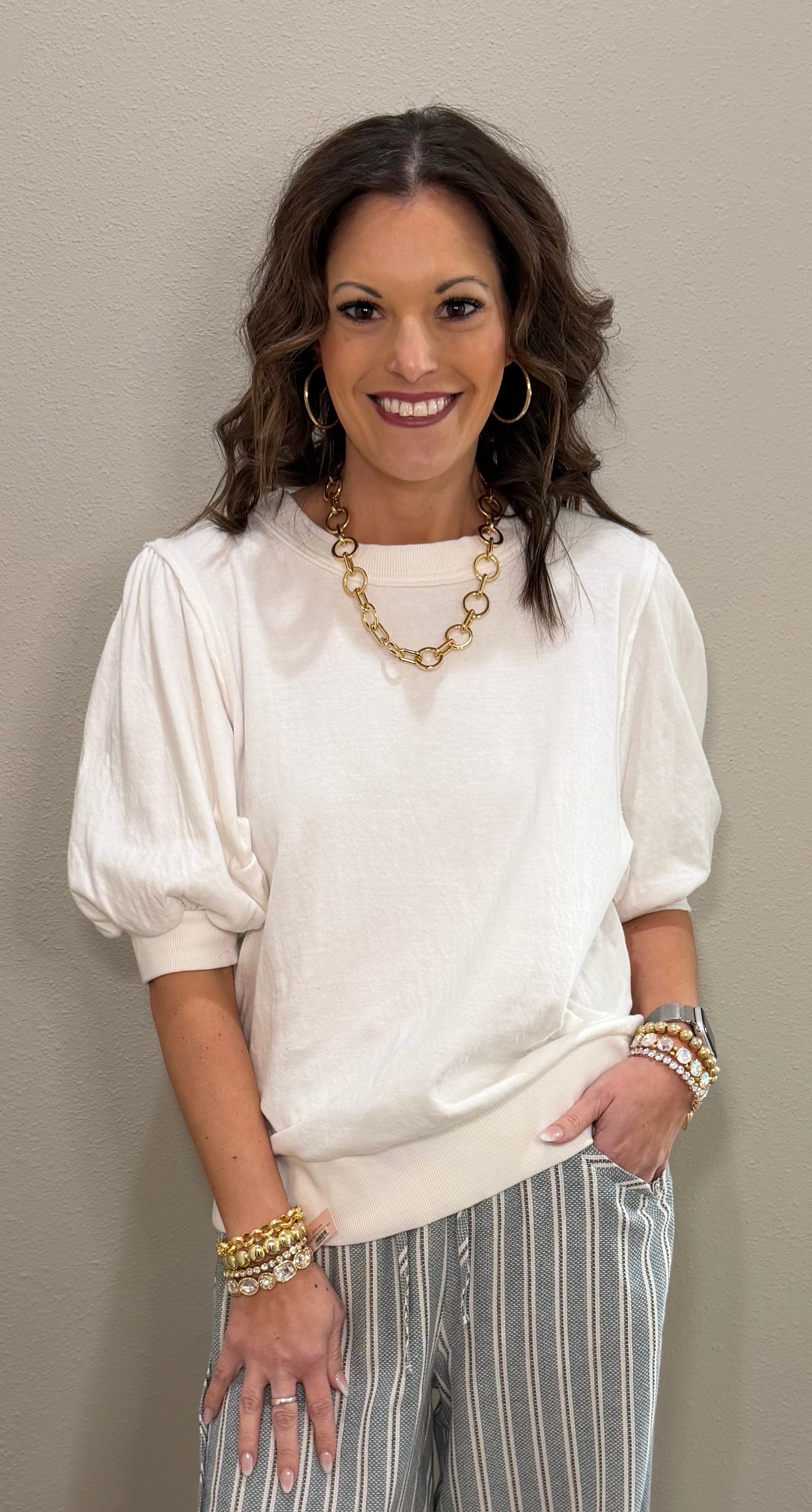 White Mineral Washed Puff Sleeve Cotton Top