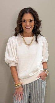 White Mineral Washed Puff Sleeve Cotton Top
