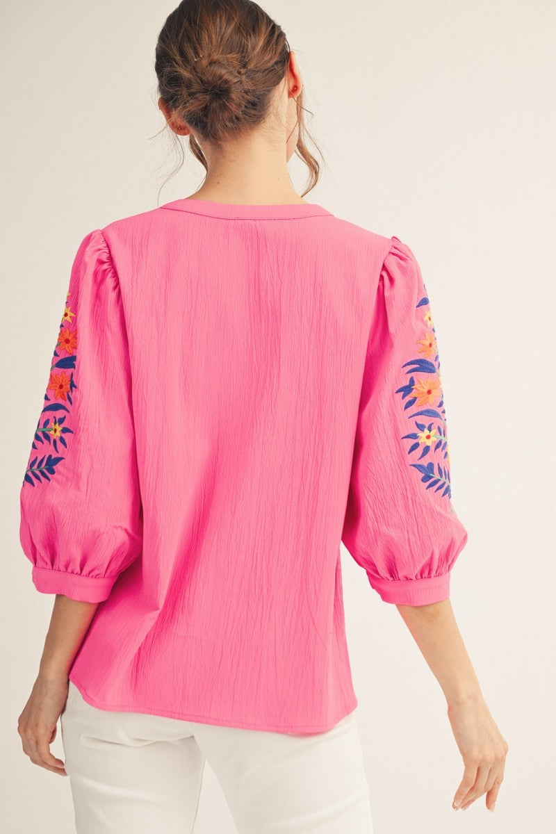 Hot Pink Embroidered 3/4 Sleeve Button Down Top