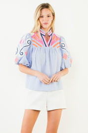 THML Blue Striped Embroidered Puff Sleeve Top