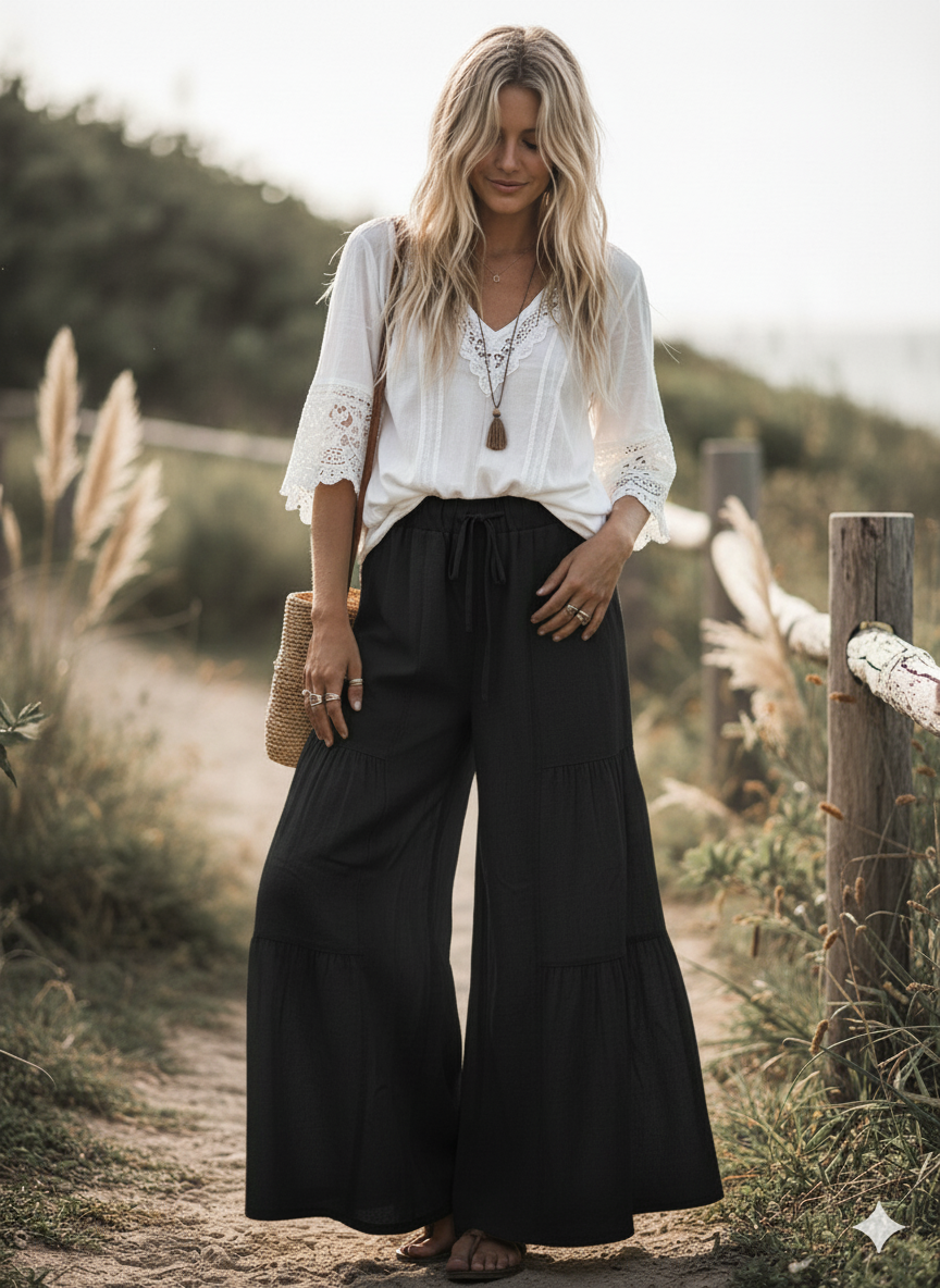Black Linen Blend Tiered Wide Leg Pants