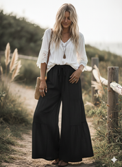 Black Linen Blend Tiered Wide Leg Pants