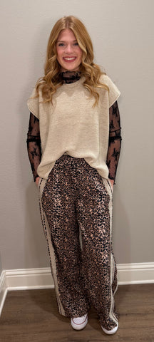 Leopard Printed Track Pants w/ Oatmeal Lace Side Details
