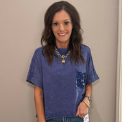Blue Sequin Pocket Mineral Washed Cotton Top